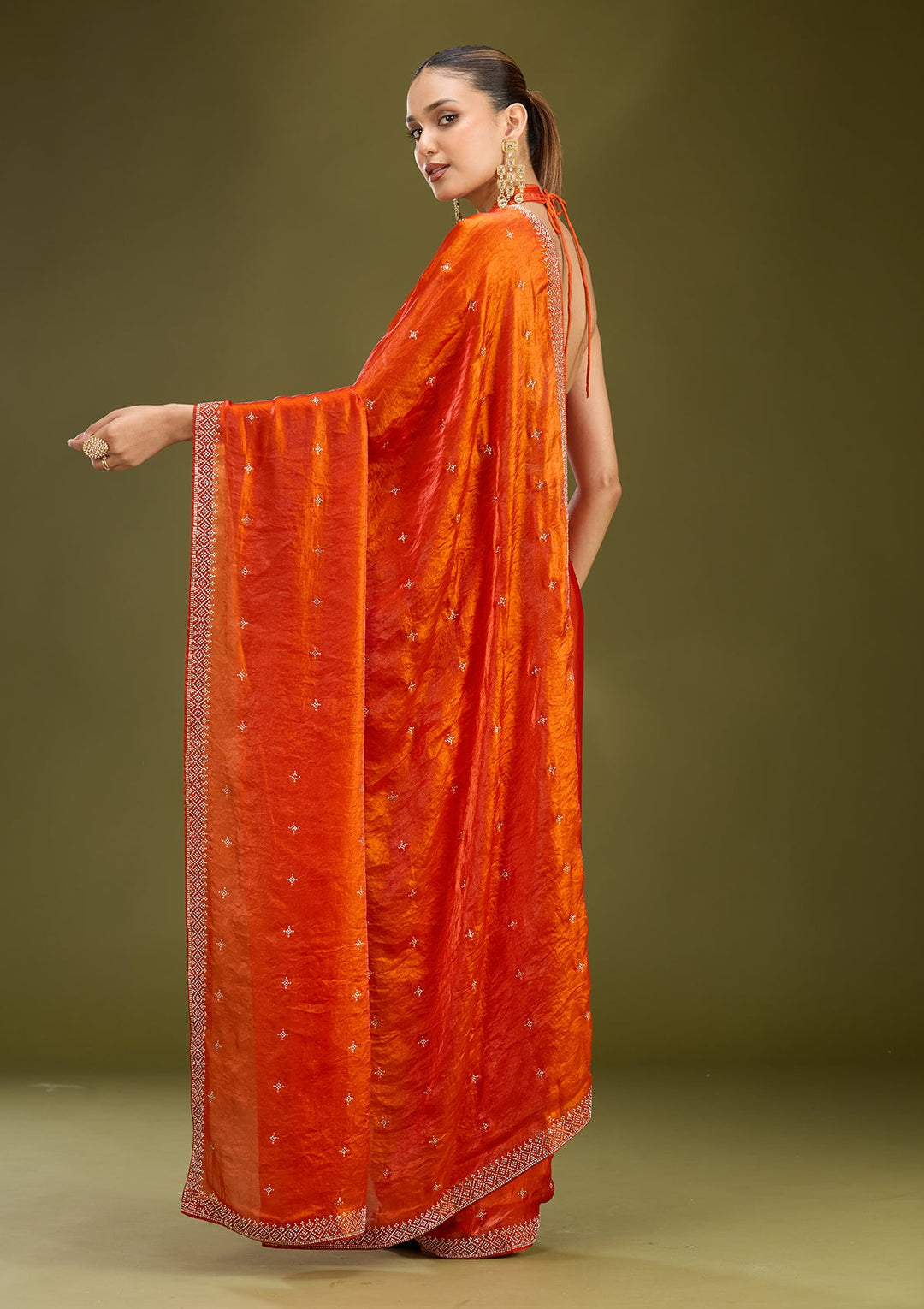 Orange Stonework (Gold) Satin Saree