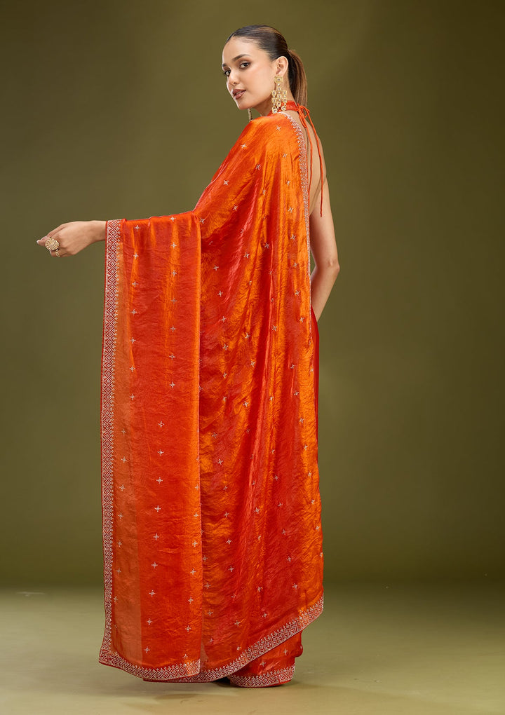 Orange Stonework (Gold) Satin Saree