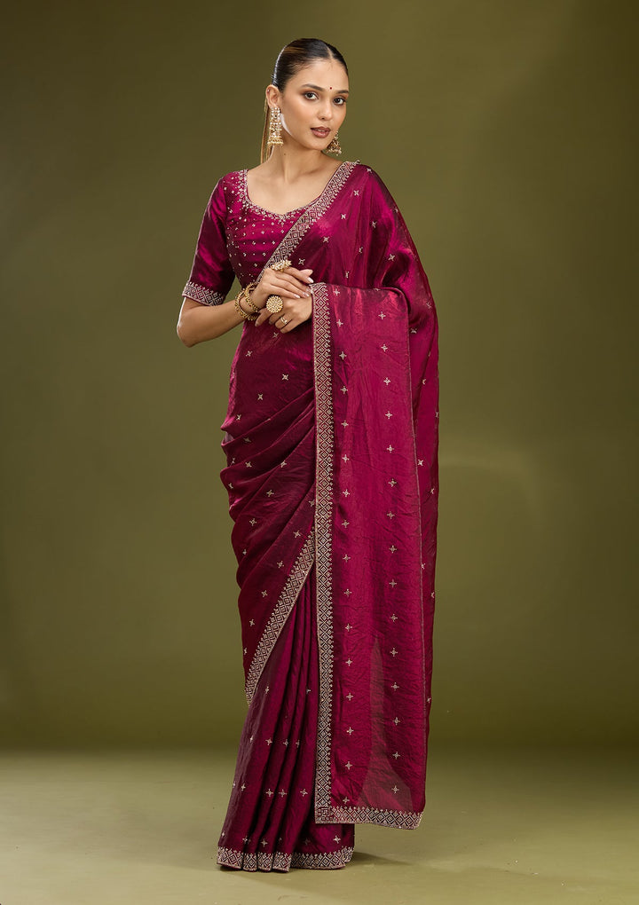 Wine Stonework (Gold) Satin Saree