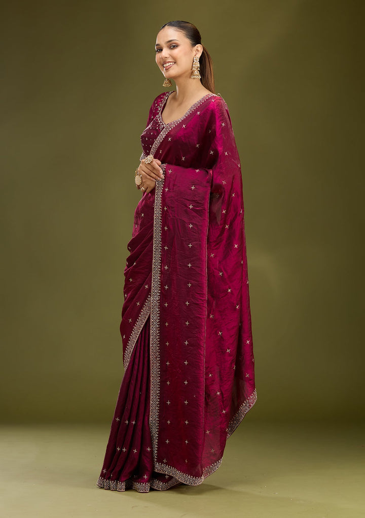 Wine Stonework (Gold) Satin Saree