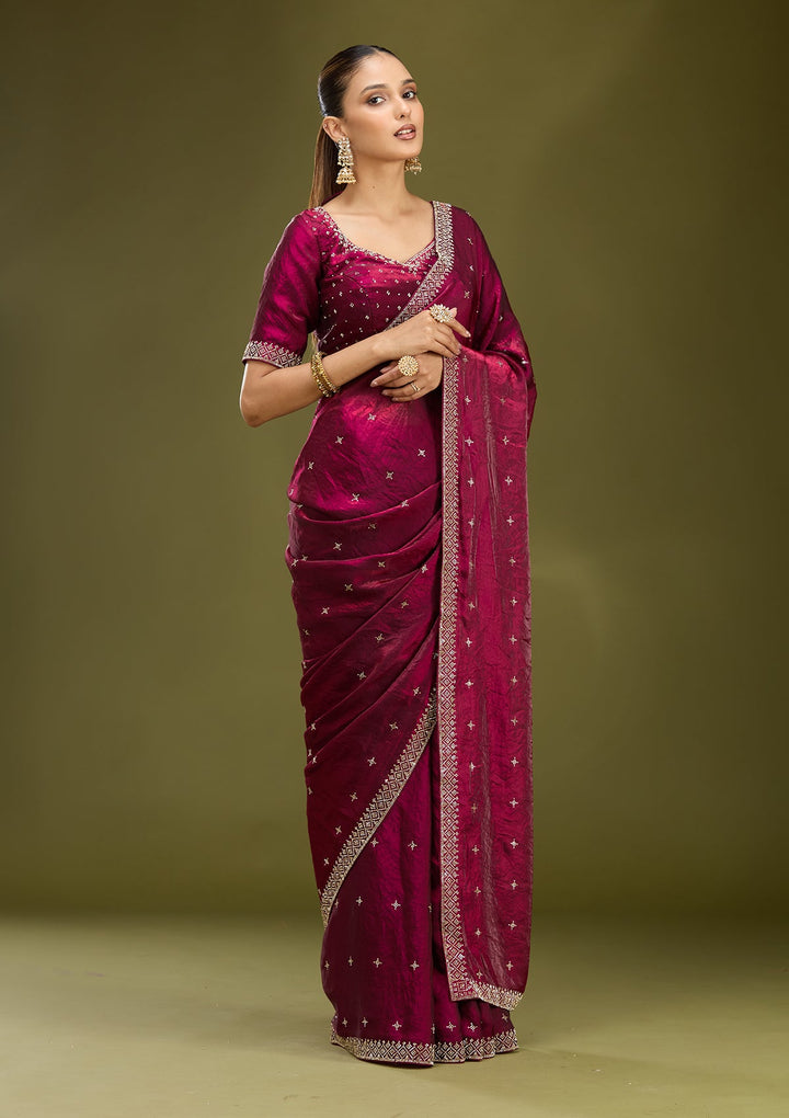Wine Stonework (Gold) Satin Saree