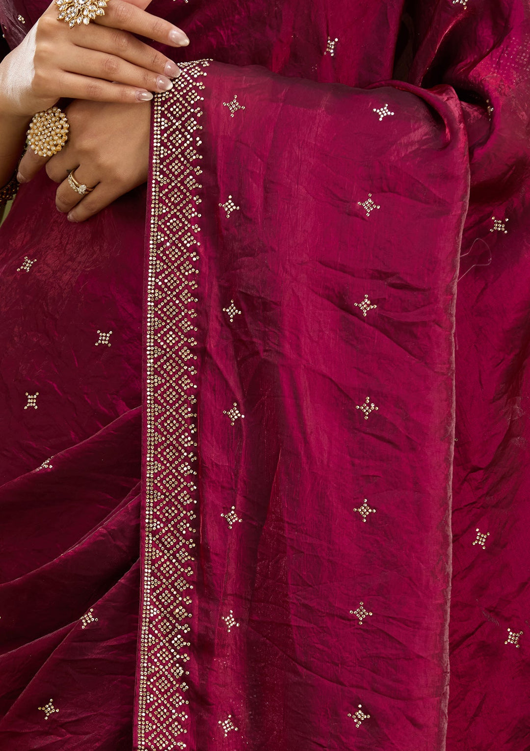 Wine Stonework (Gold) Satin Saree
