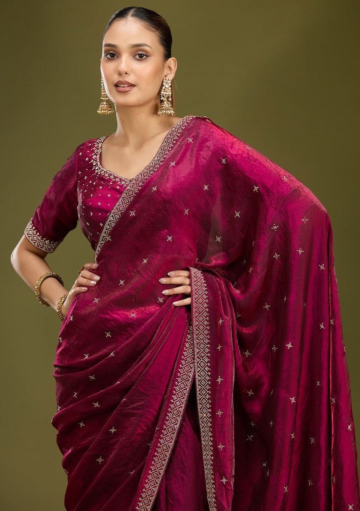 Wine Stonework (Gold) Satin Saree