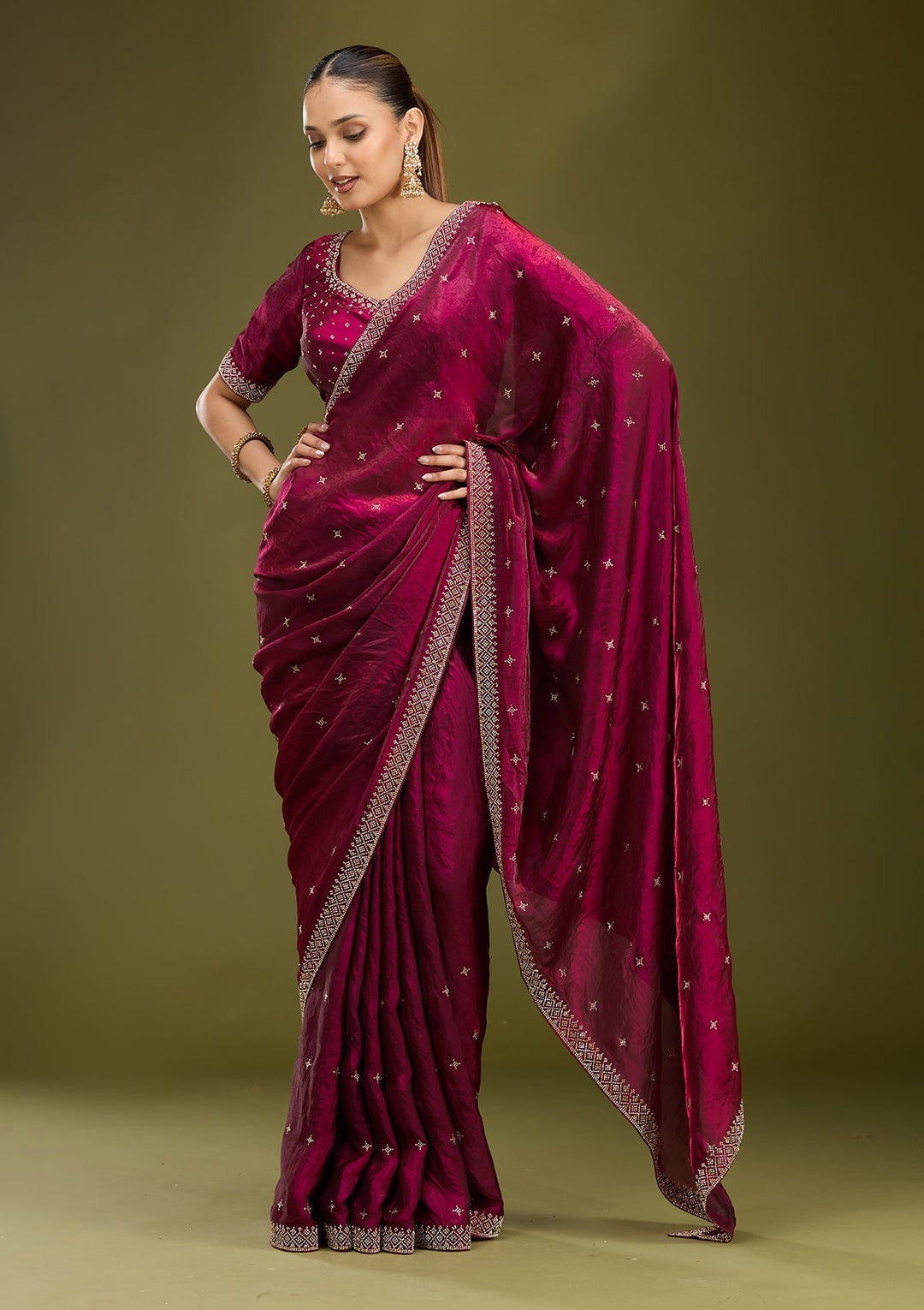 Wine Stonework (Gold) Satin Saree