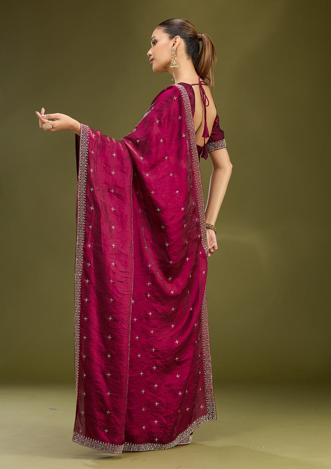 Wine Stonework (Gold) Satin Saree
