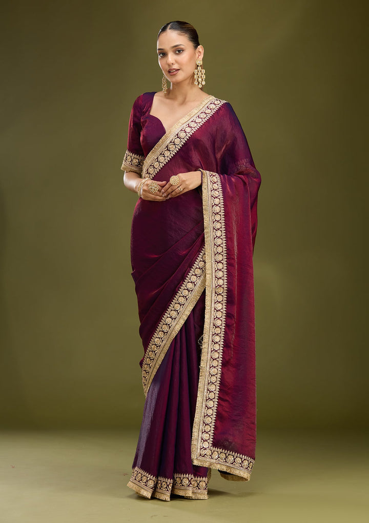 Dark Maroon Cording Tissue Saree