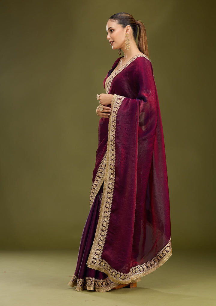 Dark Maroon Cording Tissue Saree