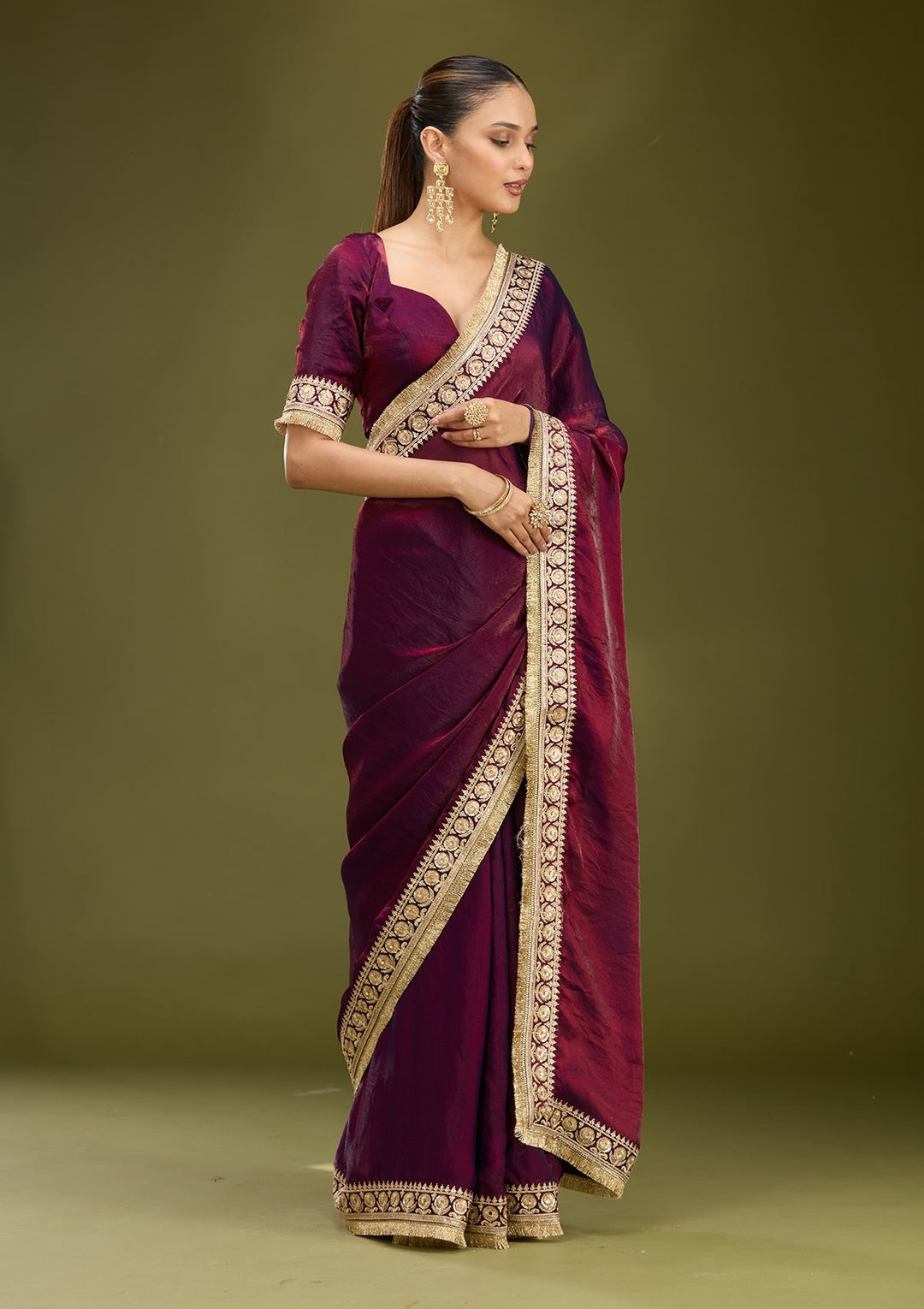 Dark Maroon Cording Tissue Saree