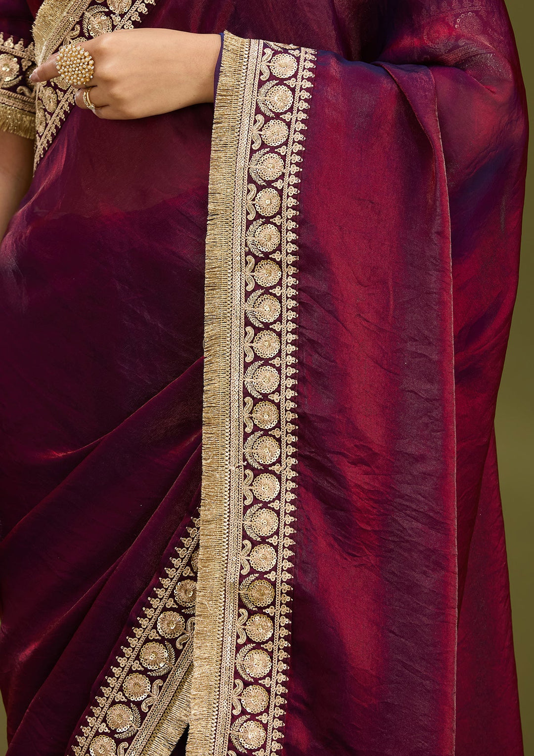 Dark Maroon Cording Tissue Saree
