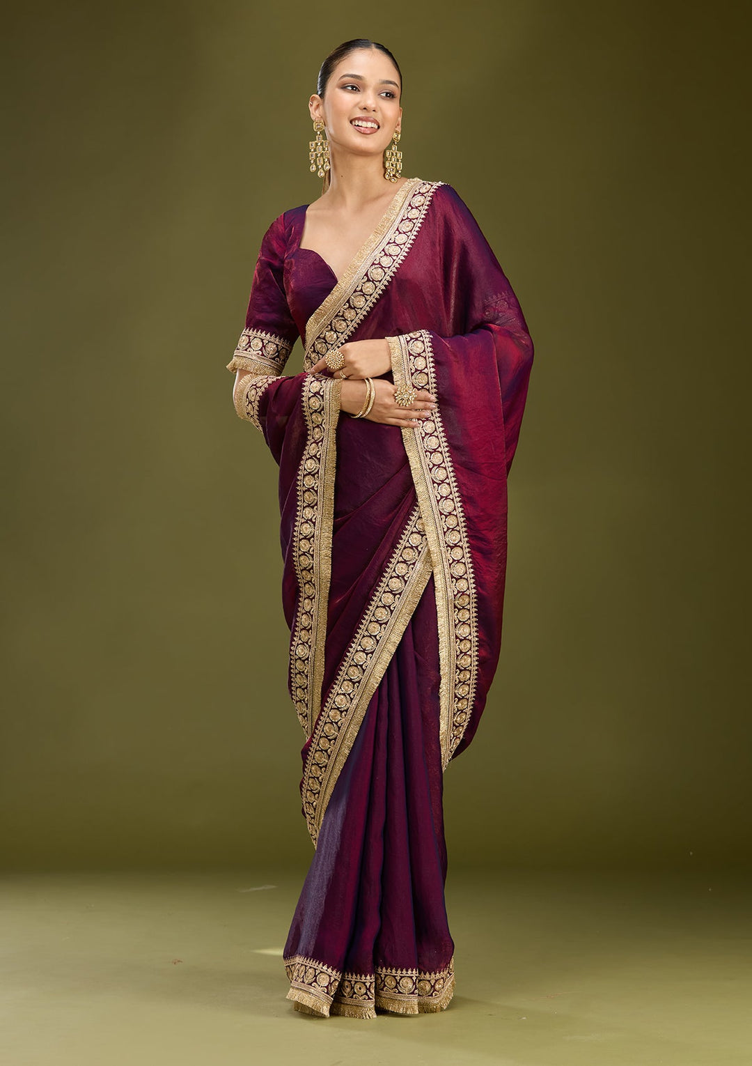 Dark Maroon Cording Tissue Saree