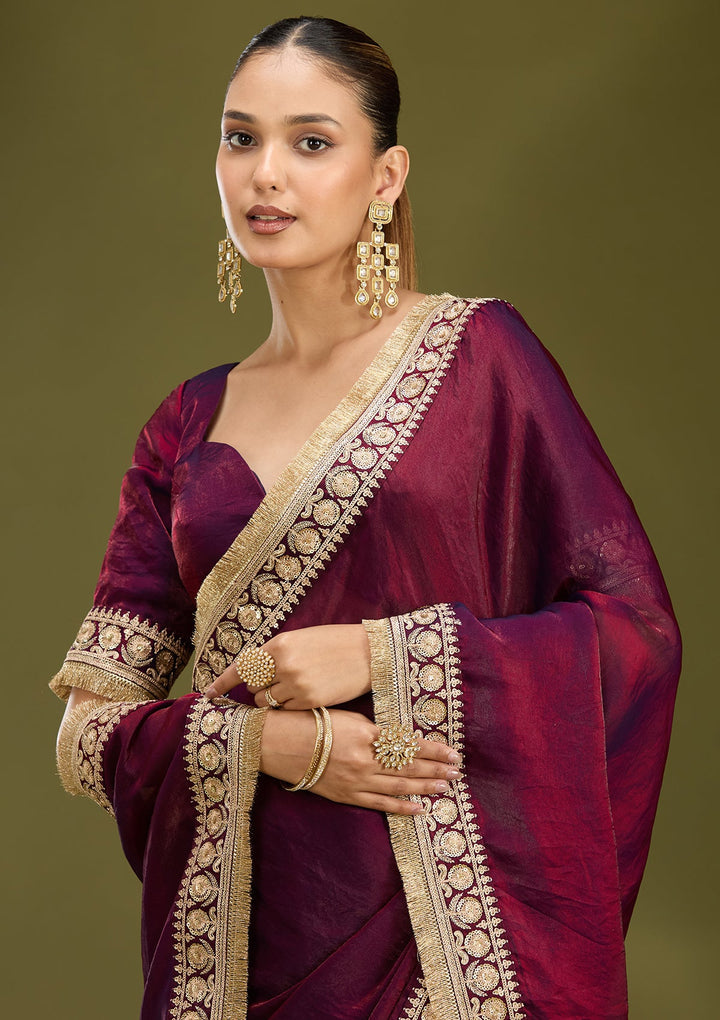 Dark Maroon Cording Tissue Saree