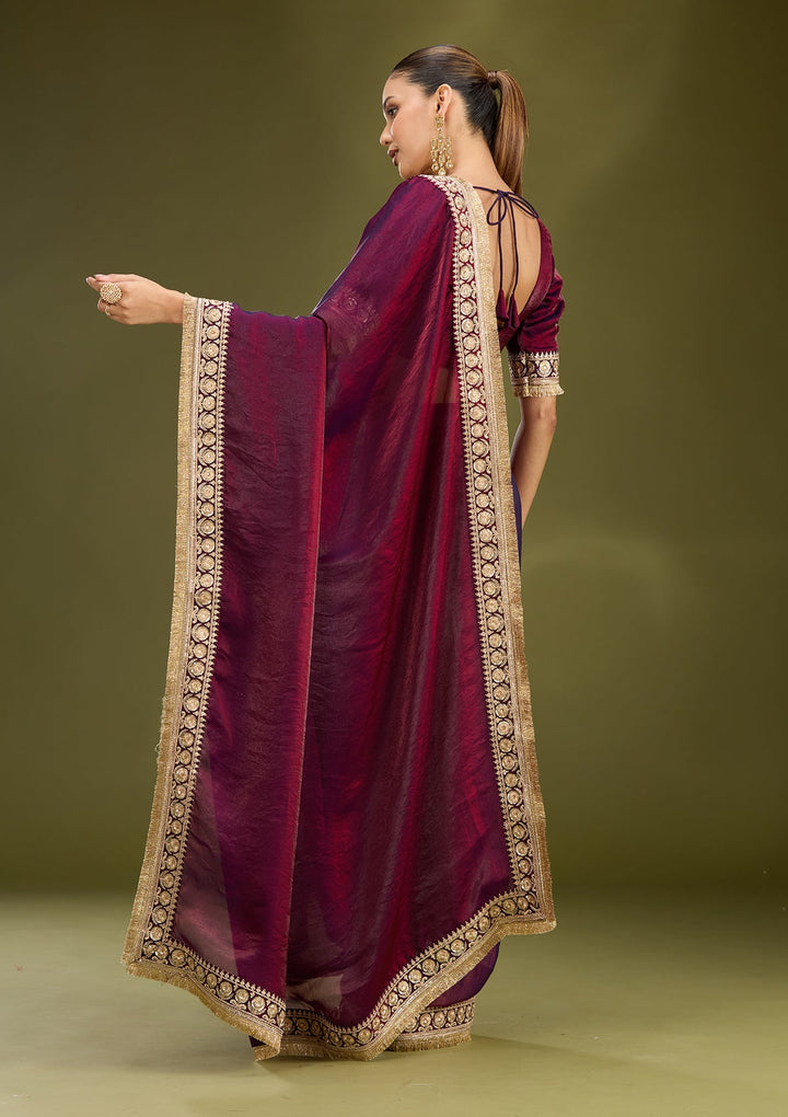 Dark Maroon Cording Tissue Saree