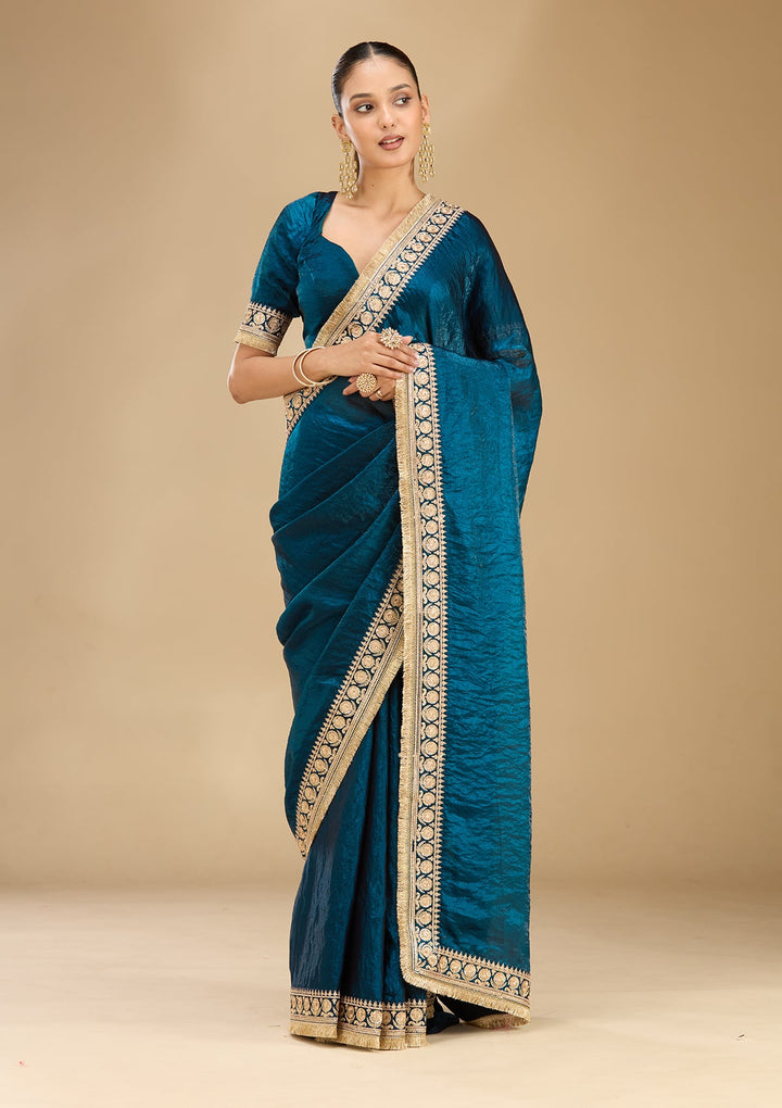 Peacock Blue Cording Tissue Saree
