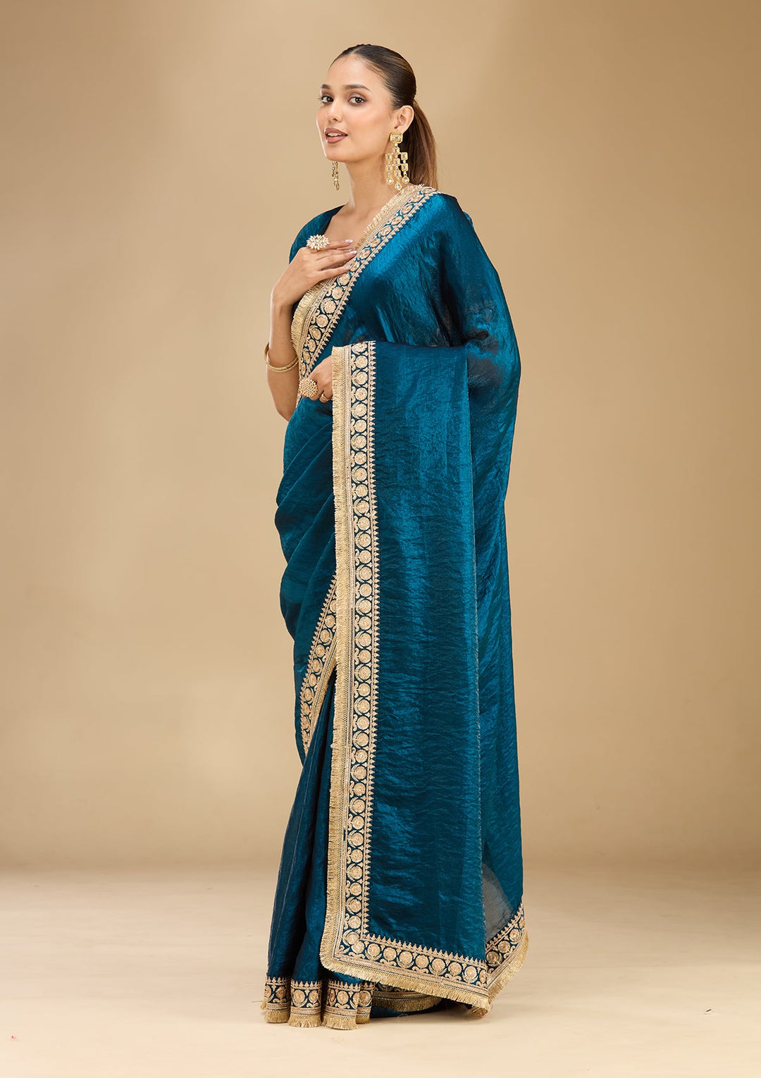 Peacock Blue Cording Tissue Saree