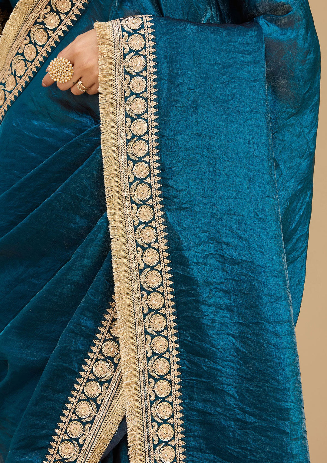 Peacock Blue Cording Tissue Saree