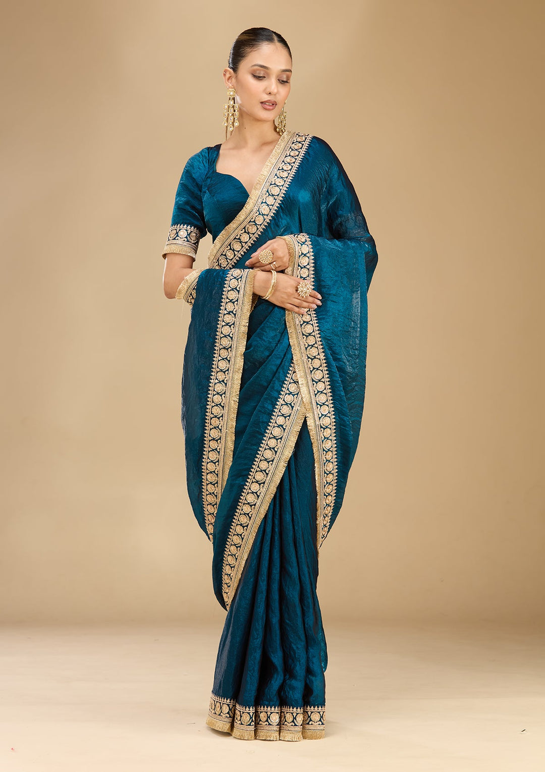 Peacock Blue Cording Tissue Saree