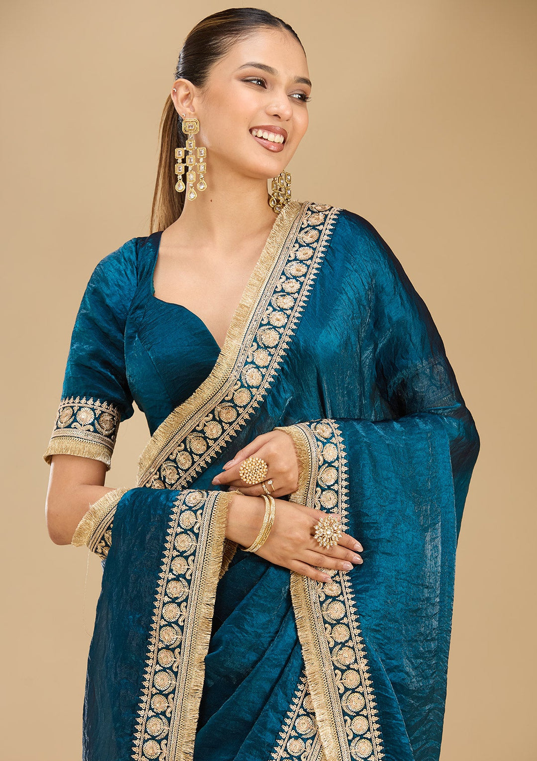 Peacock Blue Cording Tissue Saree
