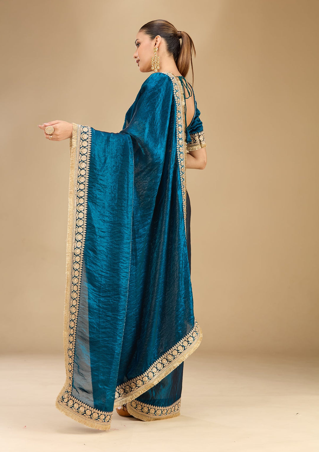 Peacock Blue Cording Tissue Saree
