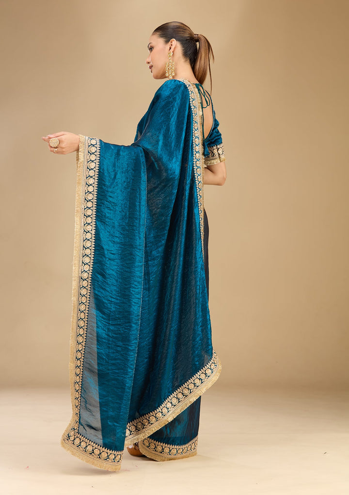 Peacock Blue Cording Tissue Saree