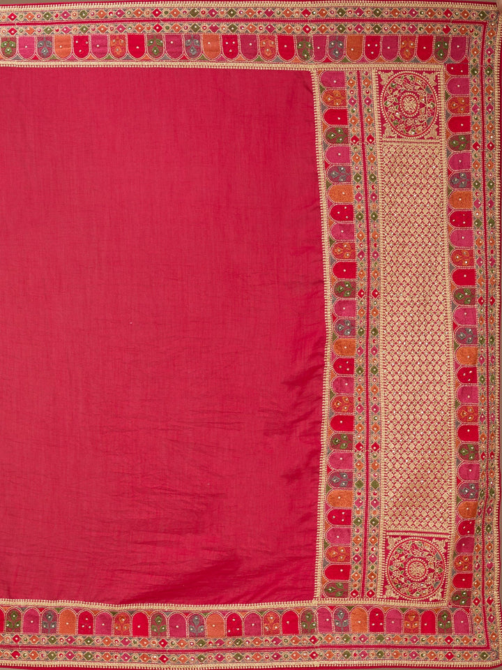 Rani Pink Soft Raw Silk Kashmiri Saree With Matching Blouse Piece