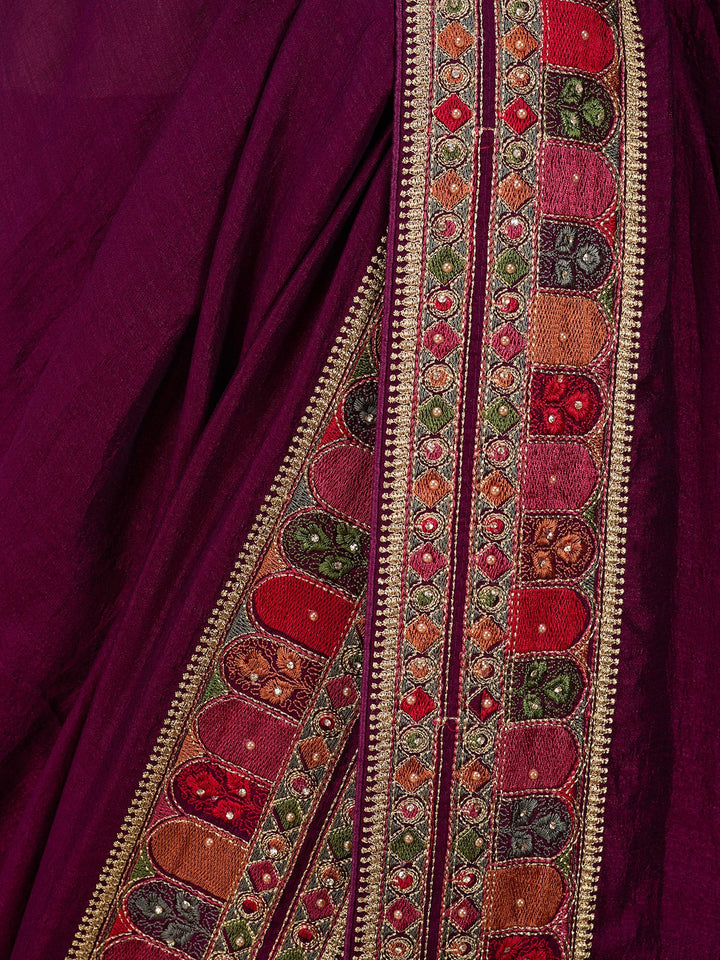 Wine Soft Raw Silk Kashmiri Saree With Matching Blouse Piece