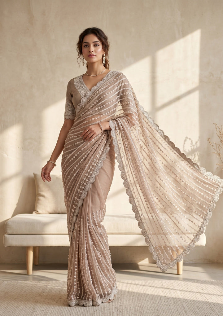 Brown Pearlwork Net Saree