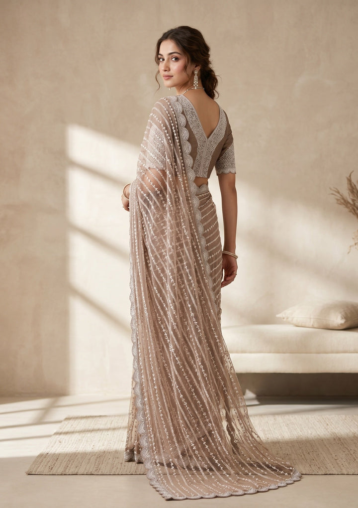 Brown Pearlwork Net Saree