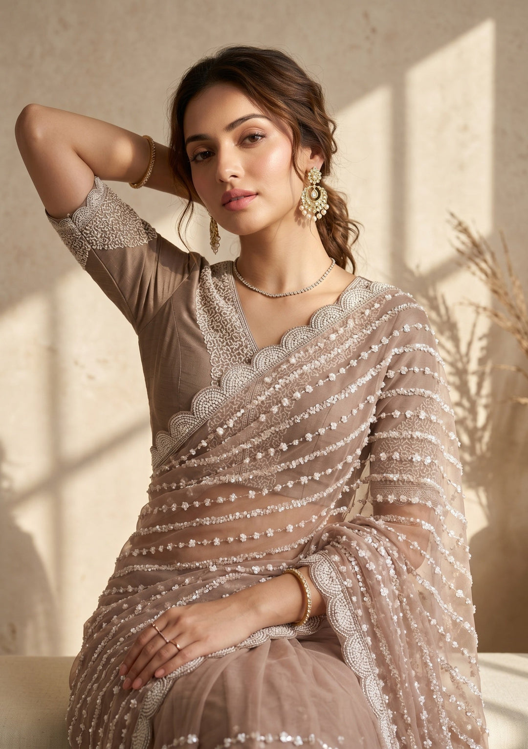 Brown Pearlwork Net Saree
