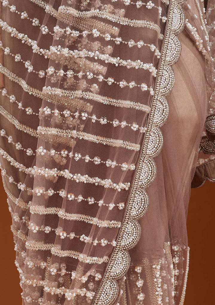 Brown Pearlwork Net Saree