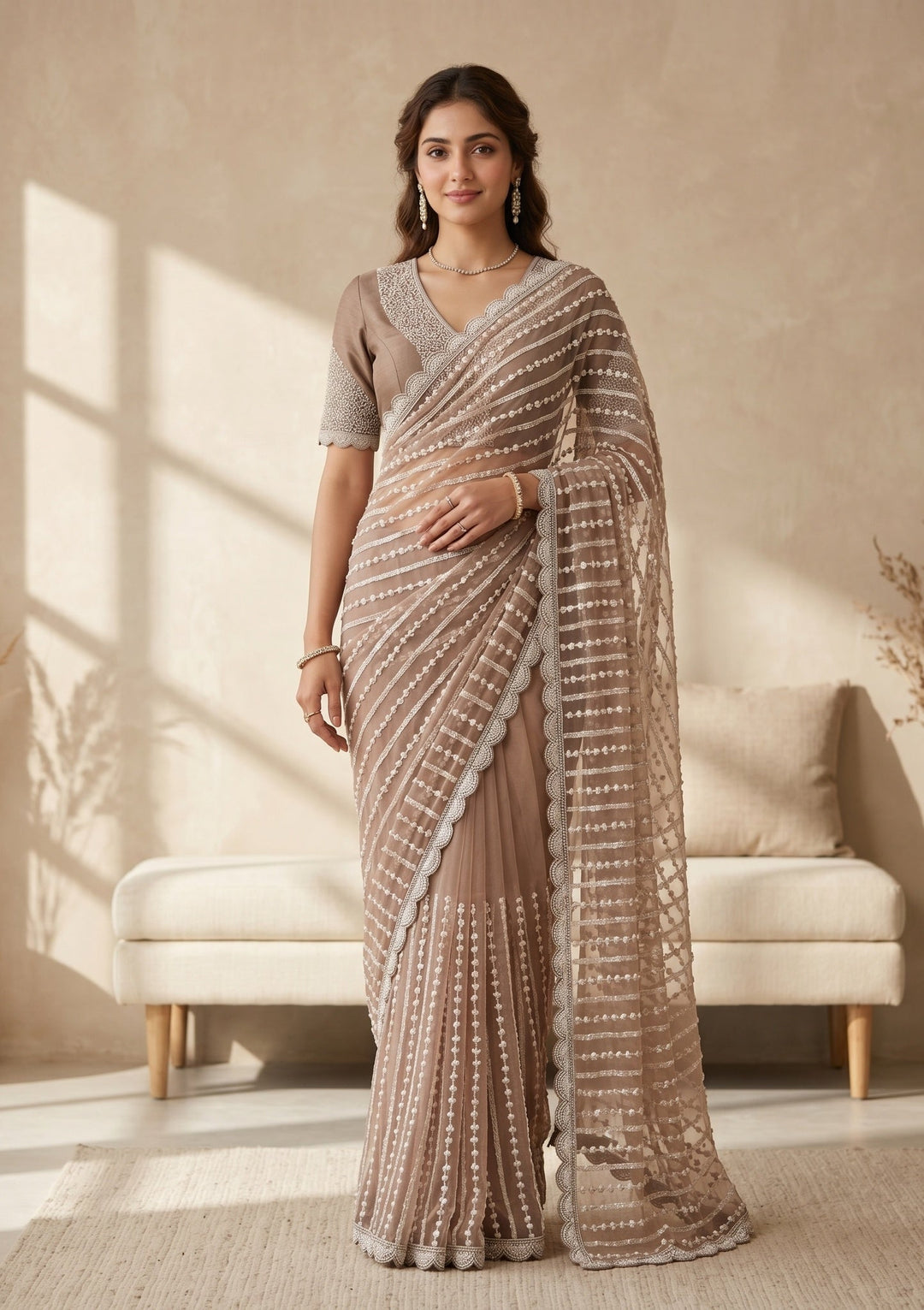 Brown Pearlwork Net Saree