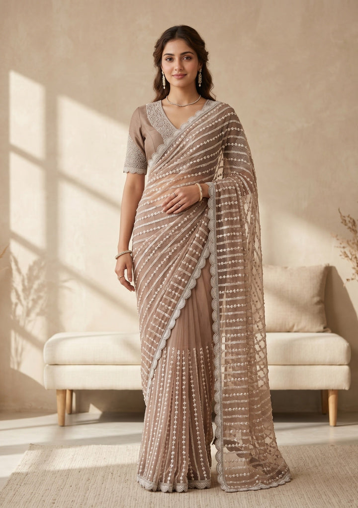 Brown Pearlwork Net Saree