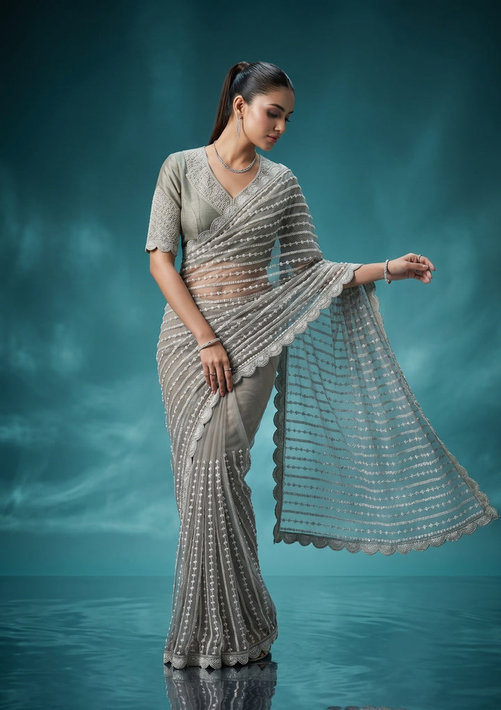 Pista Green Pearlwork Net Saree