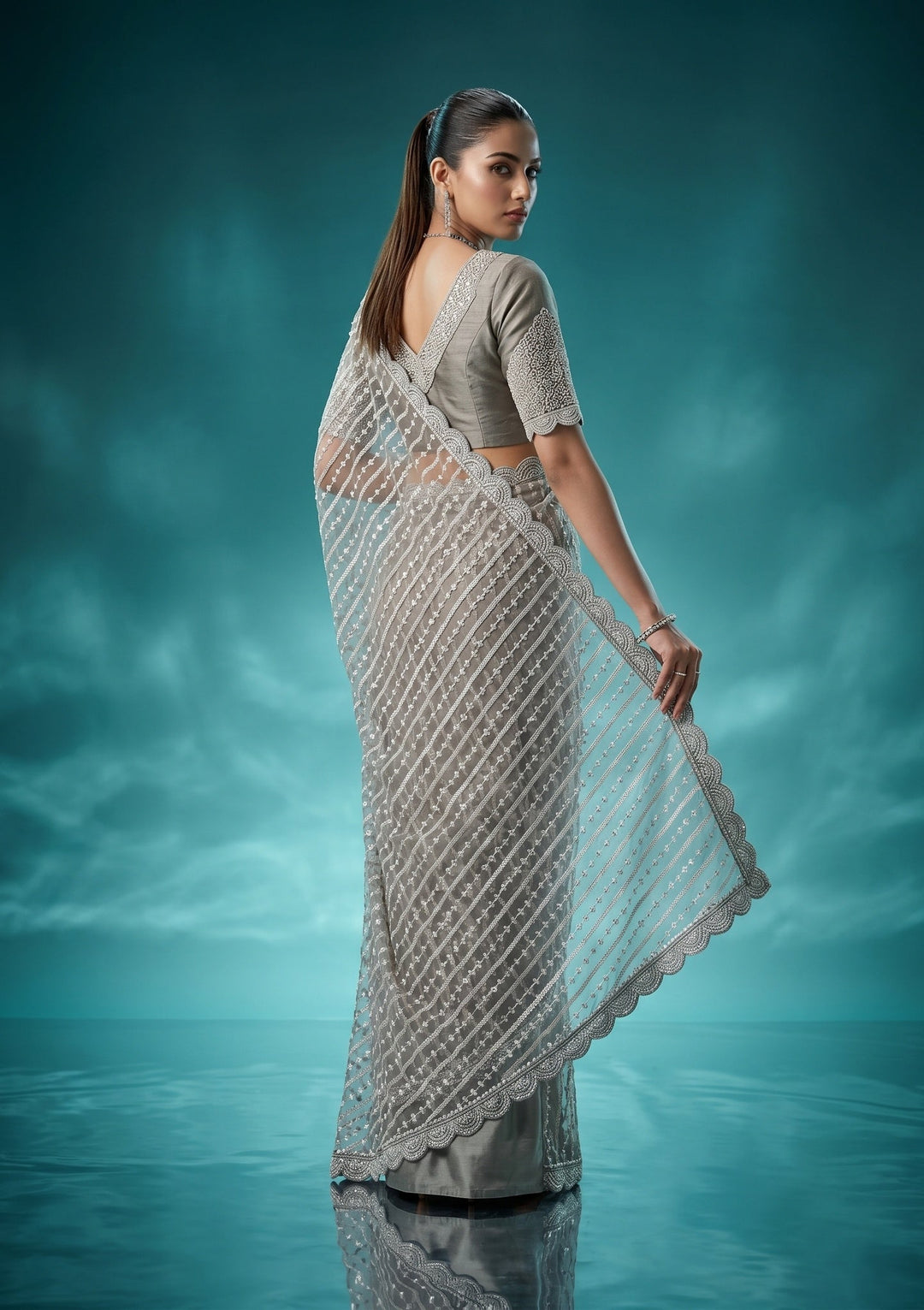 Pista Green Pearlwork Net Saree