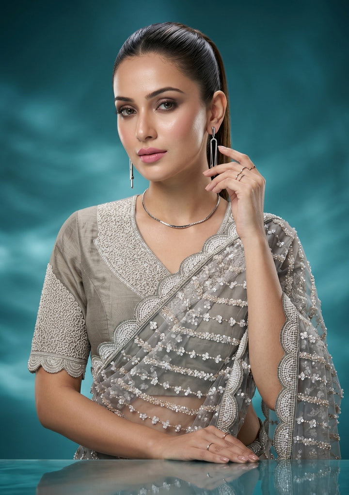 Pista Green Pearlwork Net Saree