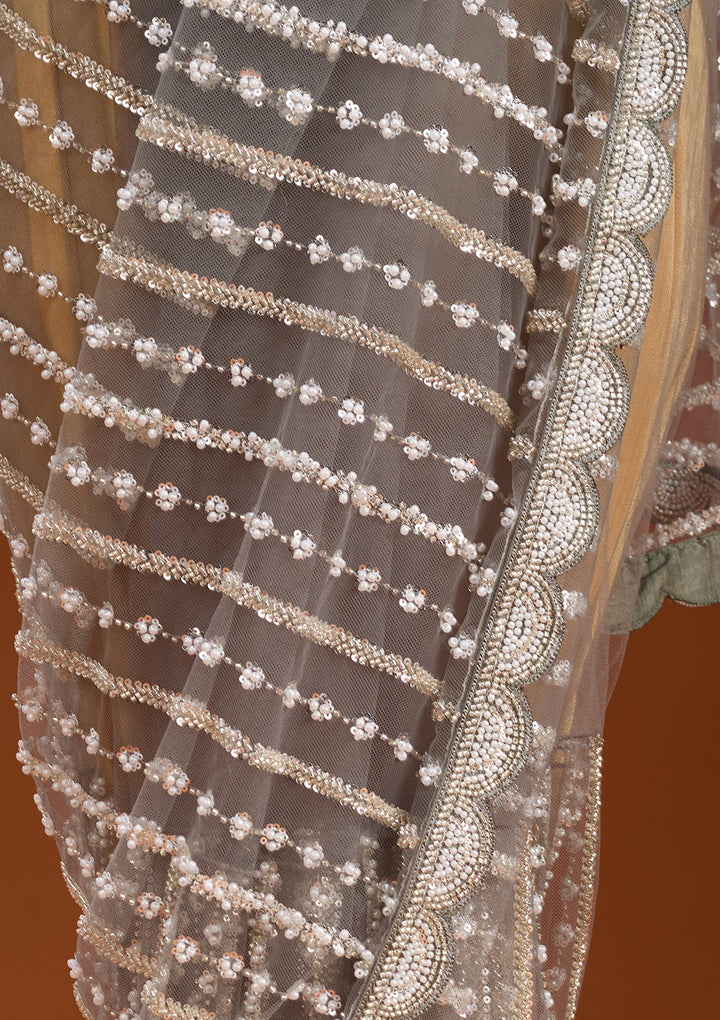 Pista Green Pearlwork Net Saree