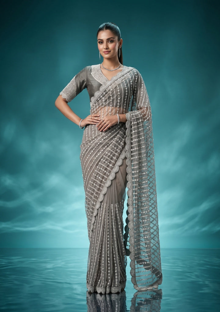 Pista Green Pearlwork Net Saree