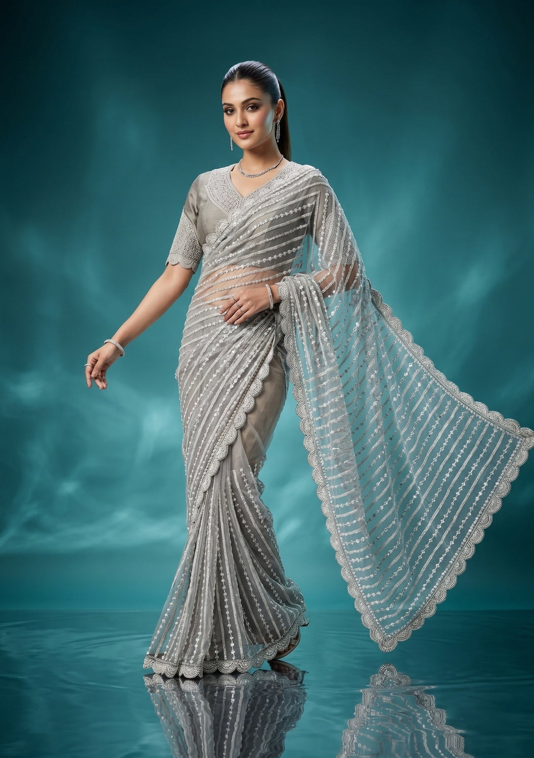 Pista Green Pearlwork Net Saree