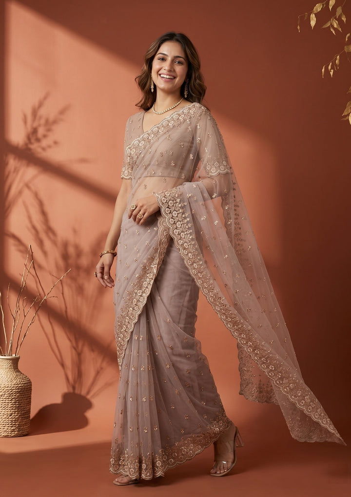 Mauve Net Sequins Saree With Matching Blouse Piece