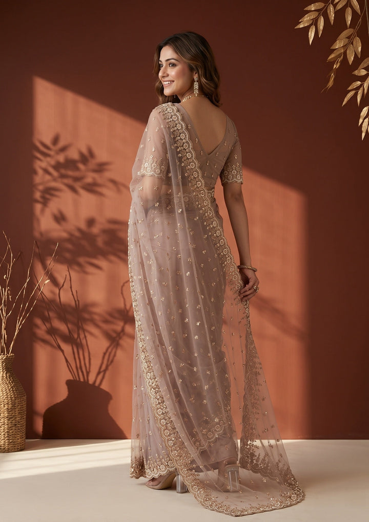 Mauve Net Sequins Saree With Matching Blouse Piece