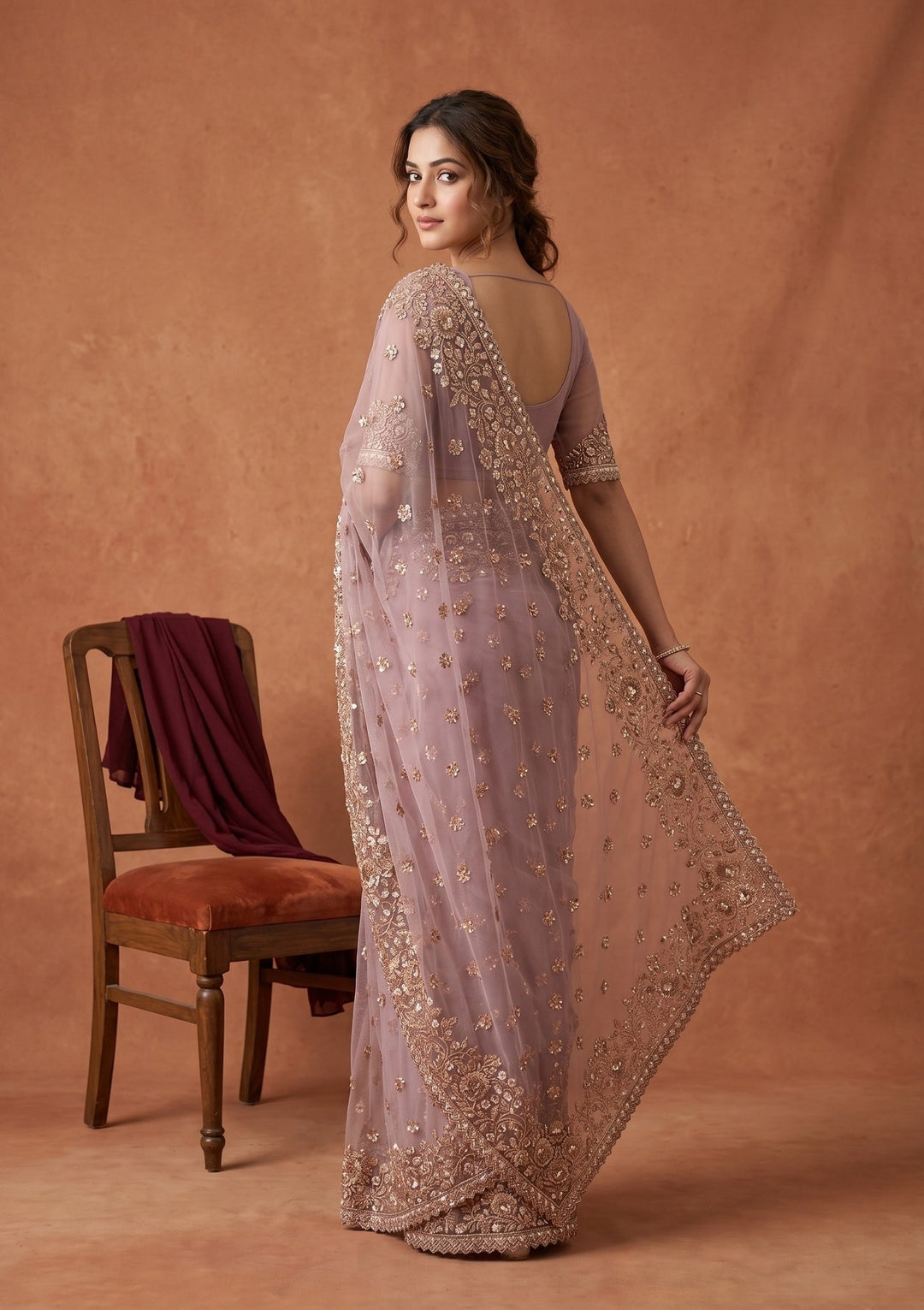 Lavender Sequins Net Saree