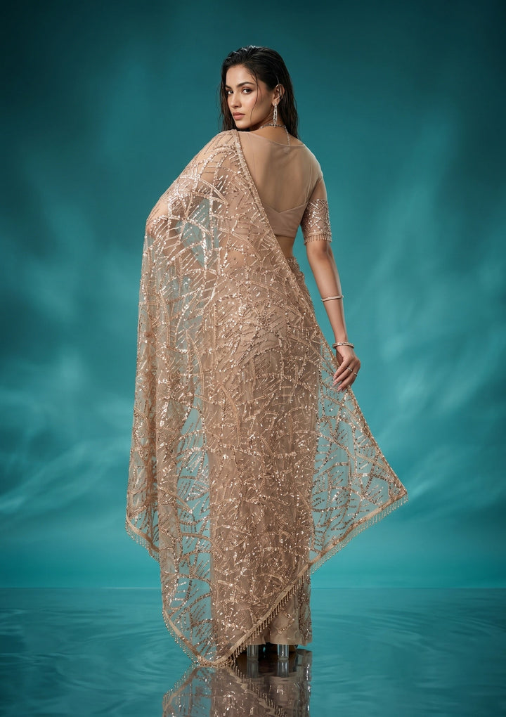 Beige Sequins Net Saree