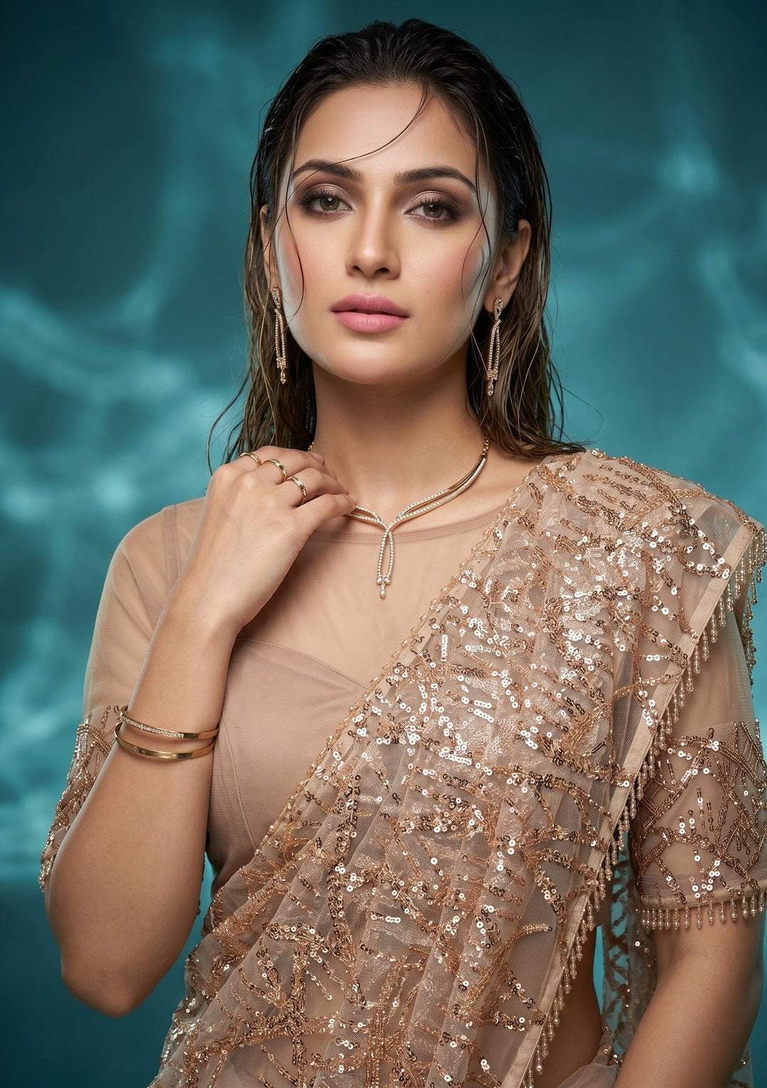 Beige Sequins Net Saree