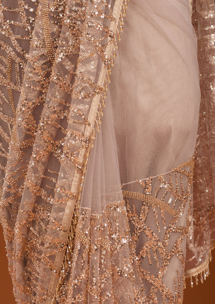 Beige Sequins Net Saree
