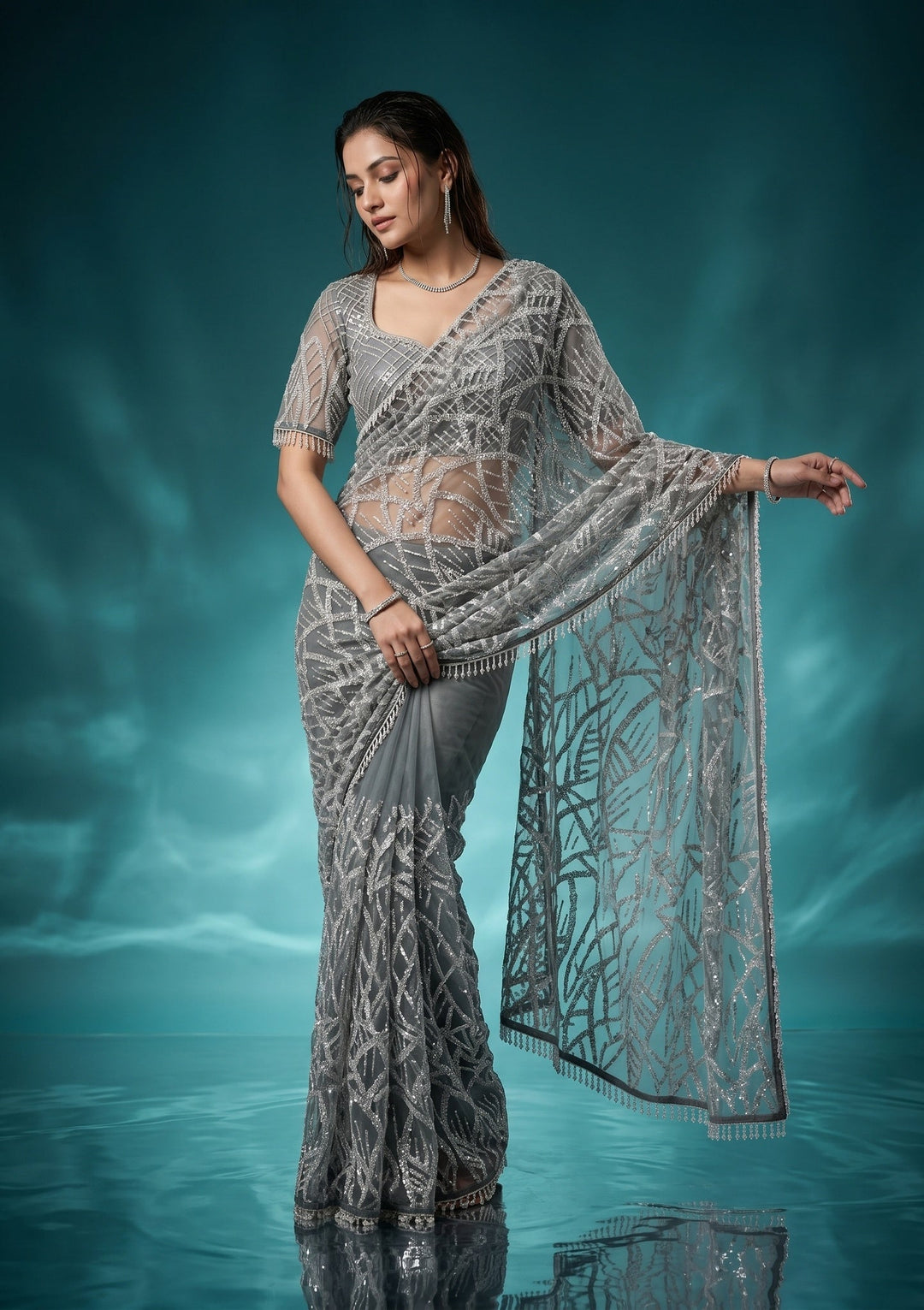Grey Sequins Net Saree