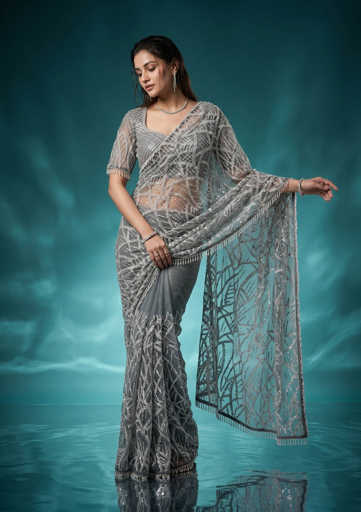 Grey Sequins Net Saree