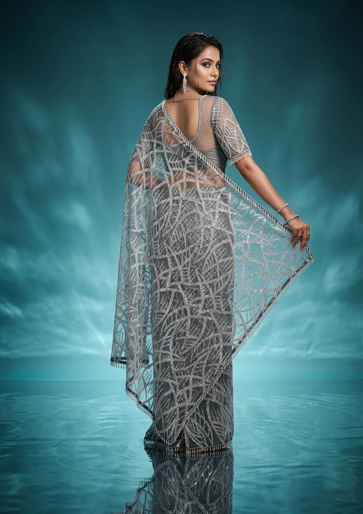 Grey Sequins Net Saree