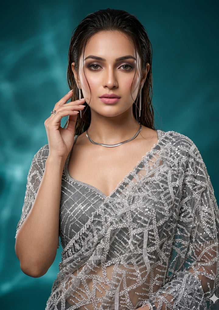 Grey Sequins Net Saree