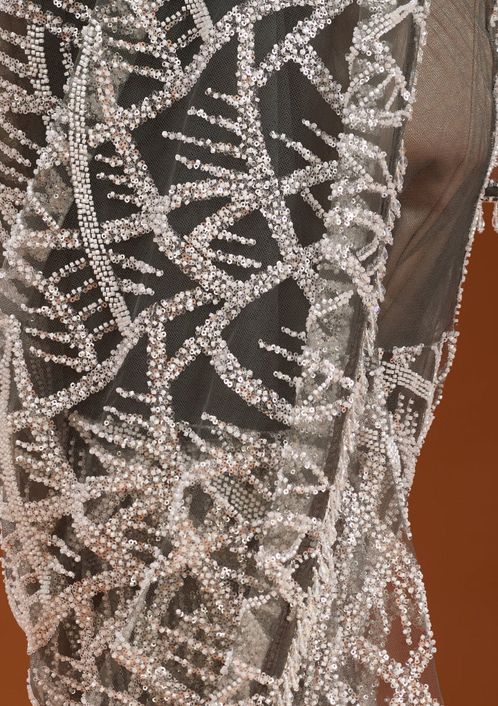 Grey Sequins Net Saree
