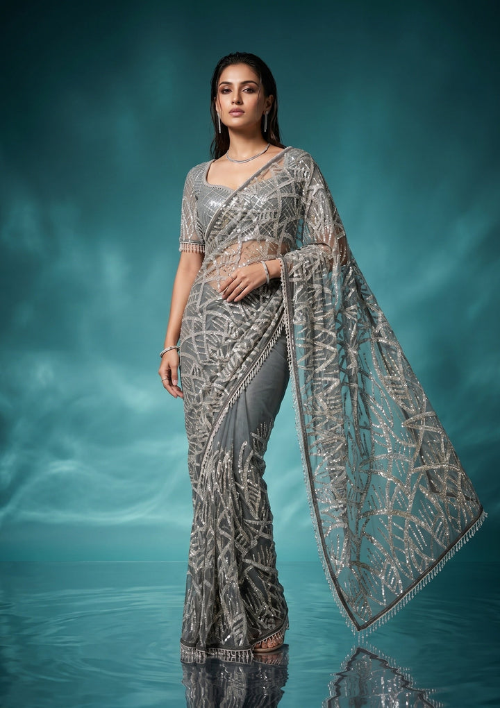 Grey Sequins Net Saree