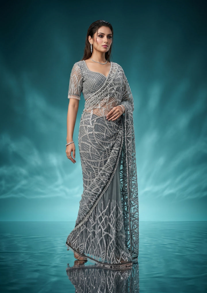 Grey Sequins Net Saree